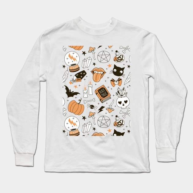 Halloween Witch Party Gear Cartoon Pattern on Ghost White Long Sleeve T-Shirt by podartist